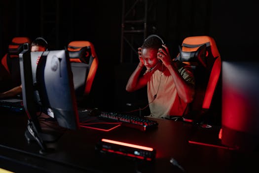 Excited gamer immerses in thrilling video game. Engrossed in a competitive session.