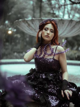 Stunning avant-garde fashion photo set in a garden with elegant details.